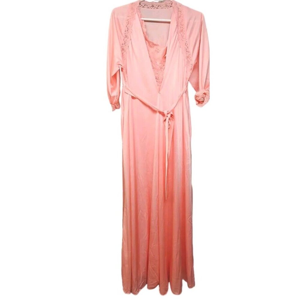 Vtg Shadowline Night Gown Robe Set Coral Pink Womens Medium Long  Peignoir